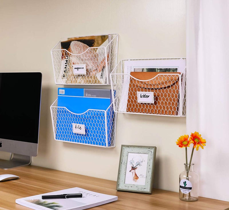 PAG 3 Pockets Hanging File Holder Wall Mount Mail Organizer Metal Chicken Wire Magazine Rack with Tag Slot, White - Image 5